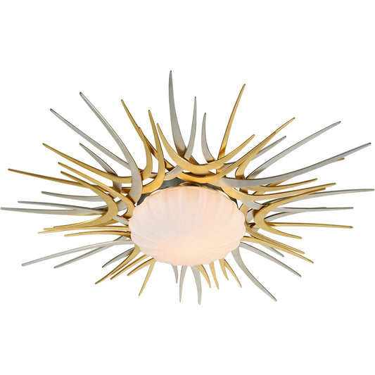 Helios Flush Mount by Corbett in gold and silver leaf. Made from hand crafted iron, aluminum in a unique style.