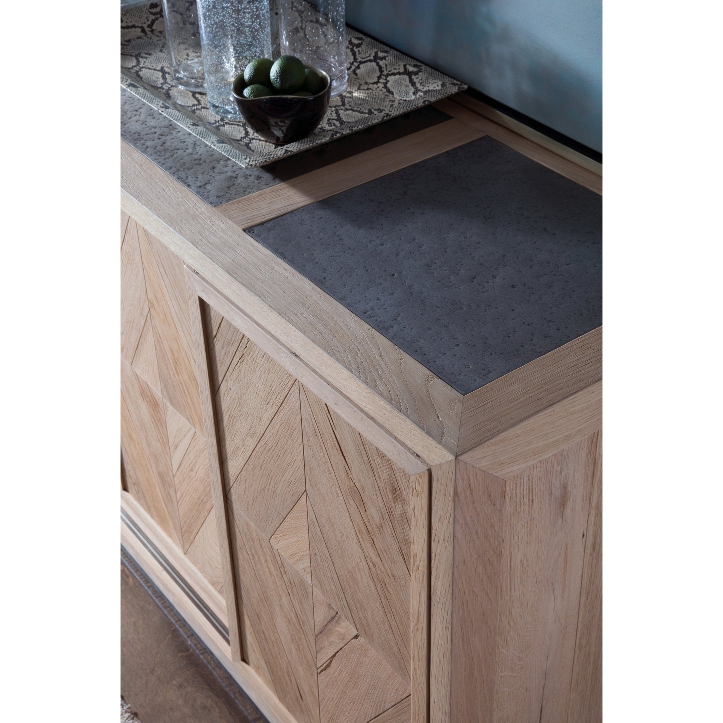 010 SI-1770639 | Closeup | Verite Media Console by Artistica Home in natural, antiqued gun metal. Made from unique in a eclectic & global style.