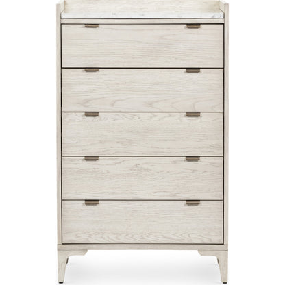 Viggo Tall Dresser by Four Hands in vintage white oak, vintage white oak solid, italian white marble and vintage white oak, italian white marble. Made from oak veneer, solid oak, solid marble in a rustic style.