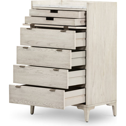 Viggo Tall Dresser by Four Hands in vintage white oak, vintage white oak solid, italian white marble and vintage white oak, italian white marble. Made from oak veneer, solid oak, solid marble in a rustic style.