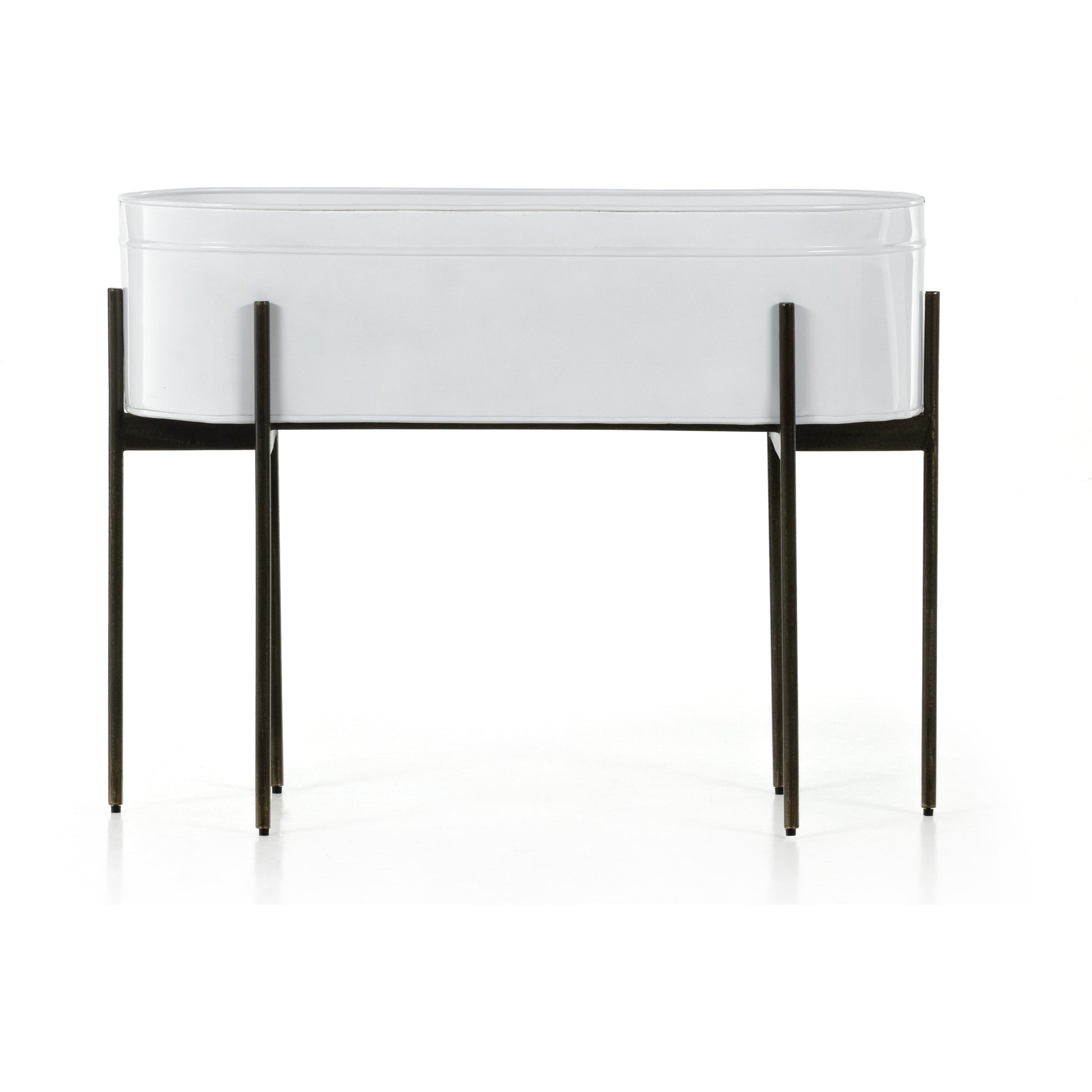 Jed Planter by Four Hands in weathered brass, white high gloss. Made from iron in a transitional style.