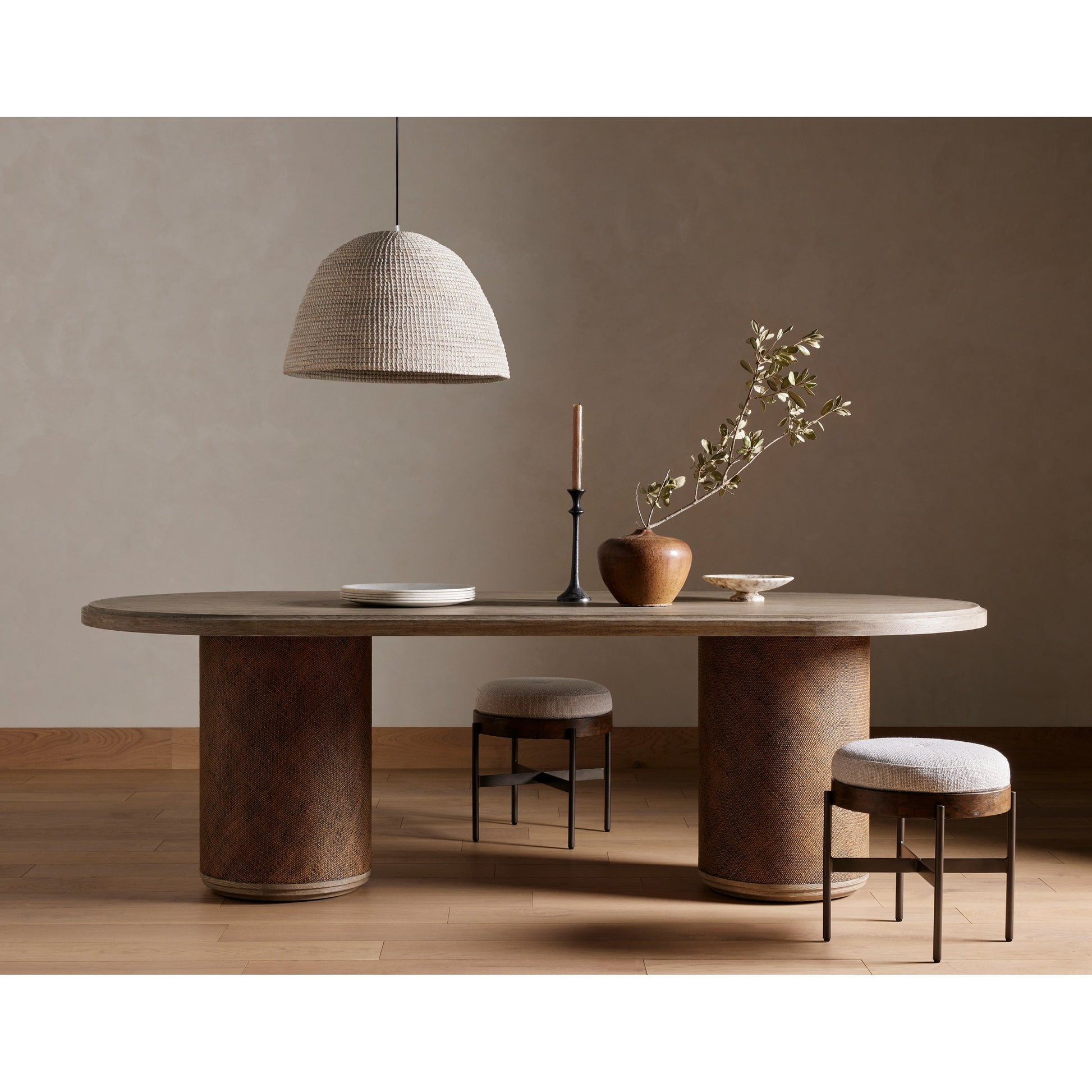 Edwyn Accent Stool by Four Hands in gibson wheat, vintage sienna, gunmetal. Made from 97% polyester, 3% acrylic, solid beech, iron in a modern style.