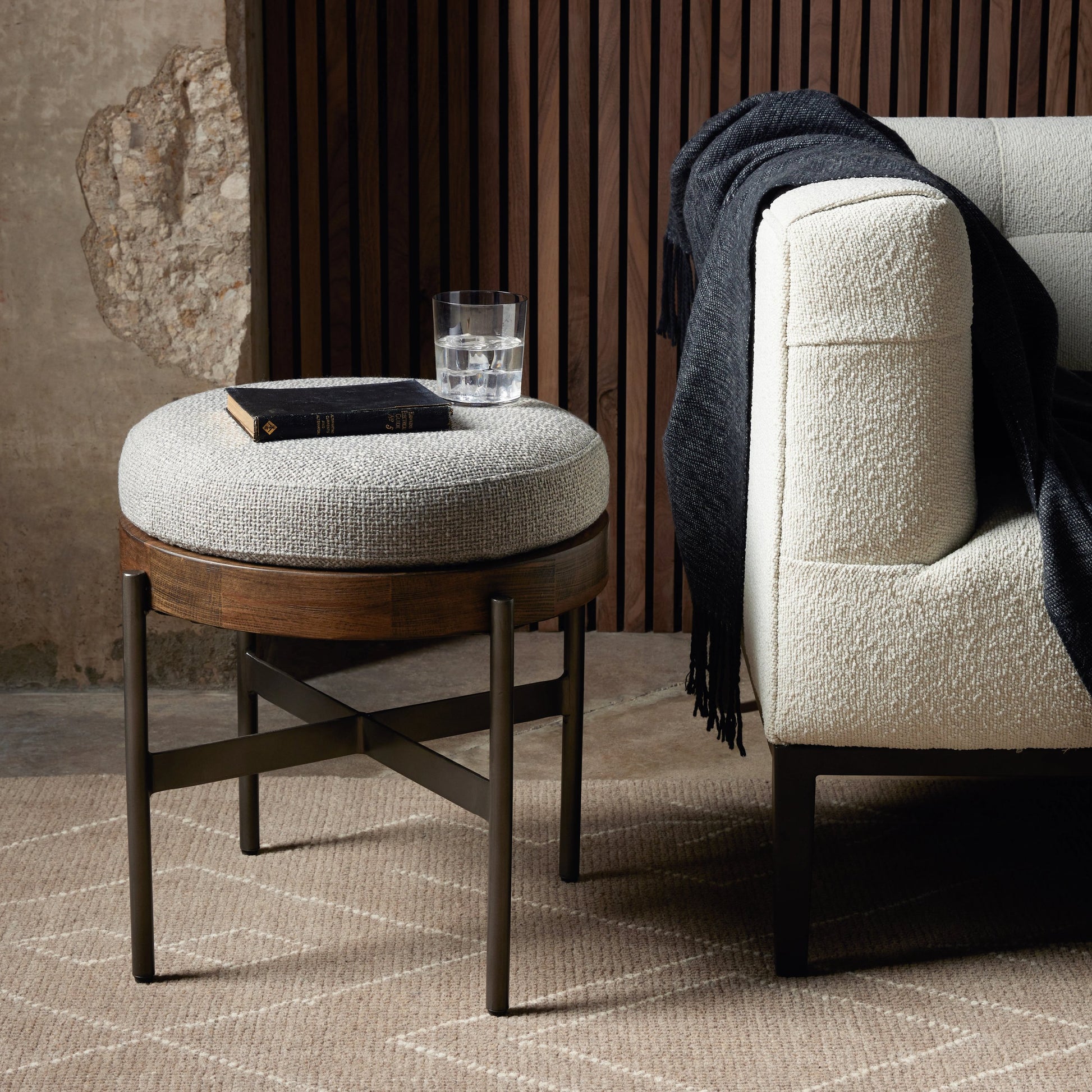 Edwyn Accent Stool by Four Hands in gibson wheat, vintage sienna, gunmetal. Made from 97% polyester, 3% acrylic, solid beech, iron in a modern style.