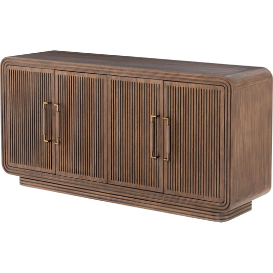 Stark Sideboard by Four Hands in warm espresso, warm espresso veneer, light antique brass and warm espresso, antique brass. Made from mahogany veneer, solid mahogany in a modern style.