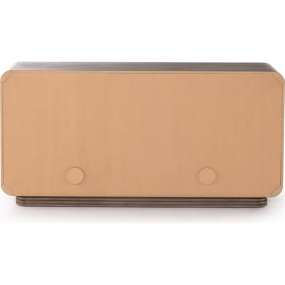 Stark Sideboard by Four Hands in warm espresso, warm espresso veneer, light antique brass and warm espresso, antique brass. Made from mahogany veneer, solid mahogany in a modern style.