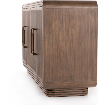 Stark Sideboard by Four Hands in warm espresso, warm espresso veneer, light antique brass and warm espresso, antique brass. Made from mahogany veneer, solid mahogany in a modern style.