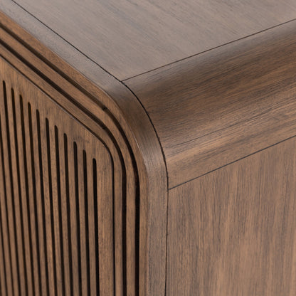 Stark Sideboard by Four Hands in warm espresso, warm espresso veneer, light antique brass and warm espresso, antique brass. Made from mahogany veneer, solid mahogany in a modern style.