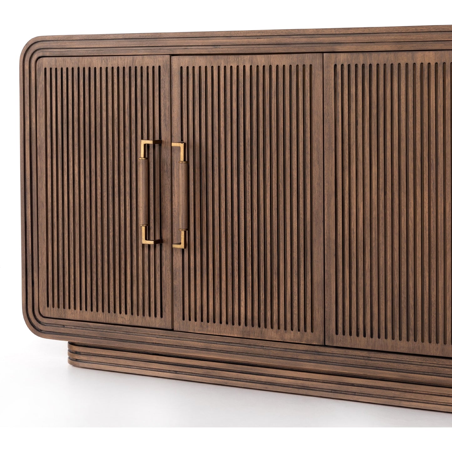 010 SI-1716842 | Closeup | Stark Sideboard by Four Hands in warm espresso, warm espresso veneer, light antique brass and warm espresso, antique brass. Made from mahogany veneer, solid mahogany in a modern style.
