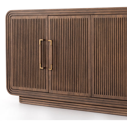 Stark Sideboard by Four Hands in warm espresso, warm espresso veneer, light antique brass and warm espresso, antique brass. Made from mahogany veneer, solid mahogany in a modern style.