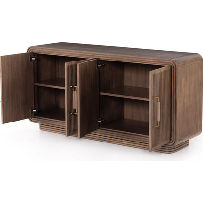 Stark Sideboard by Four Hands in warm espresso, warm espresso veneer, light antique brass and warm espresso, antique brass. Made from mahogany veneer, solid mahogany in a modern style.