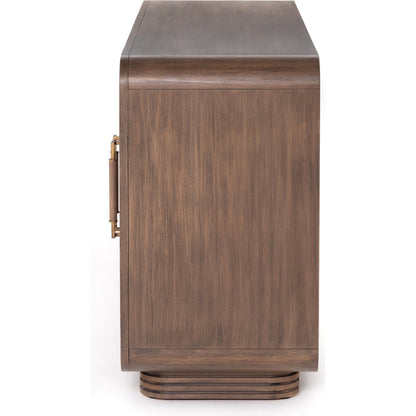 Stark Sideboard by Four Hands in warm espresso, warm espresso veneer, light antique brass and warm espresso, antique brass. Made from mahogany veneer, solid mahogany in a modern style.