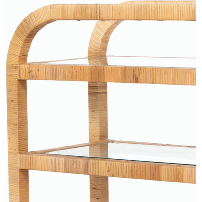 Dory Bar Cart by Four Hands in honey. Made from rattan, tempered glass, solid mahogany in a modern style.