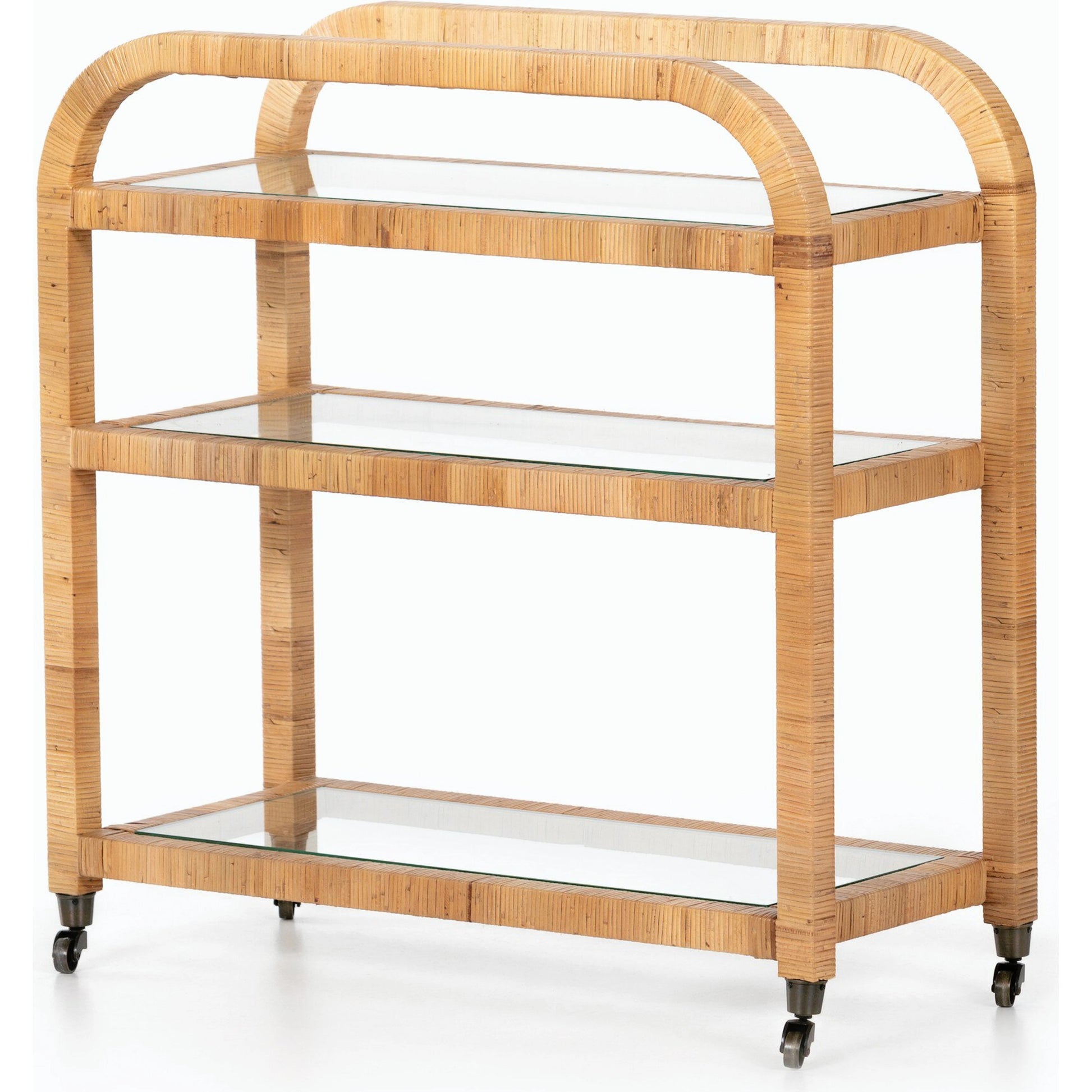 Dory Bar Cart by Four Hands in honey. Made from rattan, tempered glass, solid mahogany in a modern style.