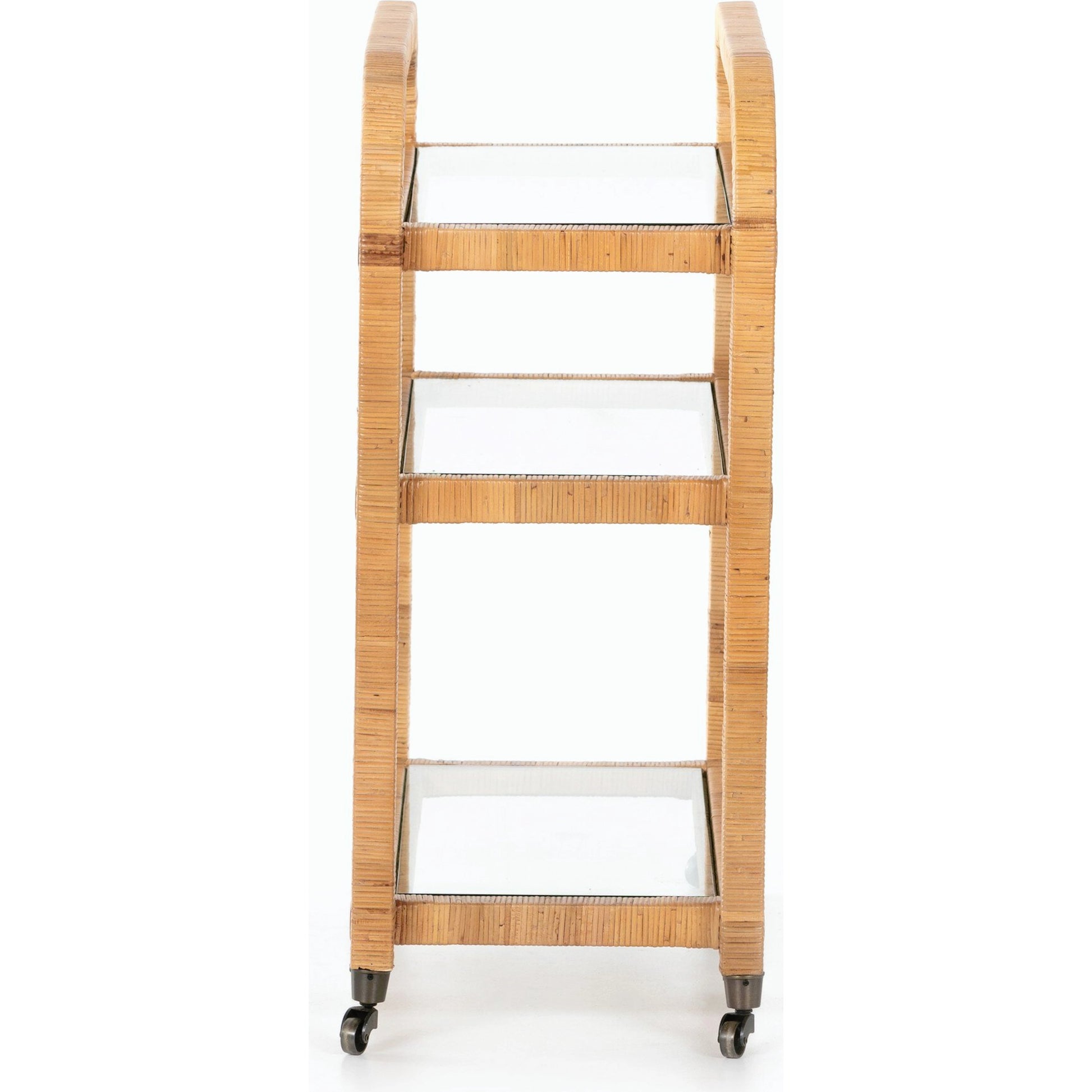 Dory Bar Cart by Four Hands in honey. Made from rattan, tempered glass, solid mahogany in a modern style.