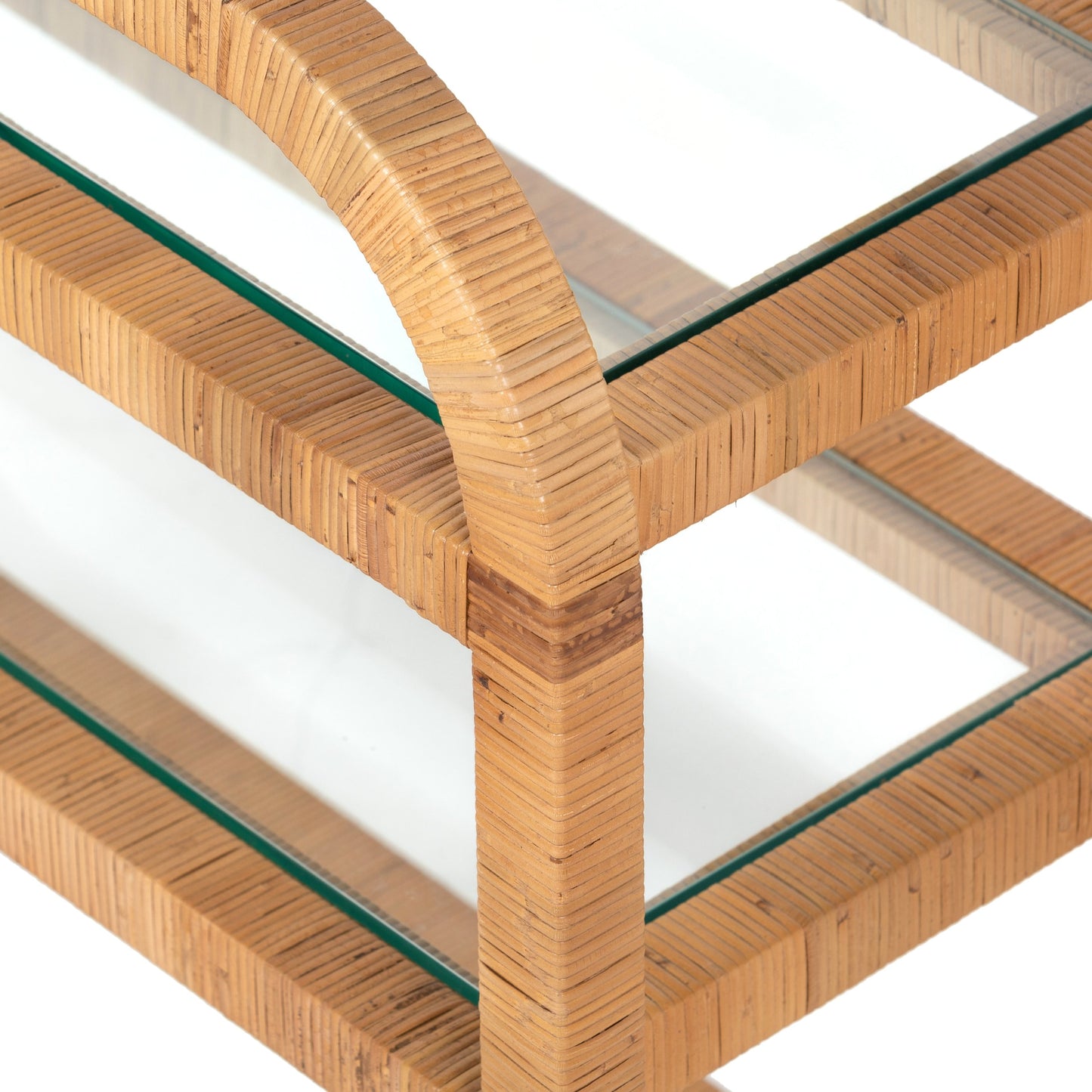 004 SI-1799034 | Closeup | Dory Bar Cart by Four Hands in honey. Made from rattan, tempered glass, solid mahogany in a modern style.