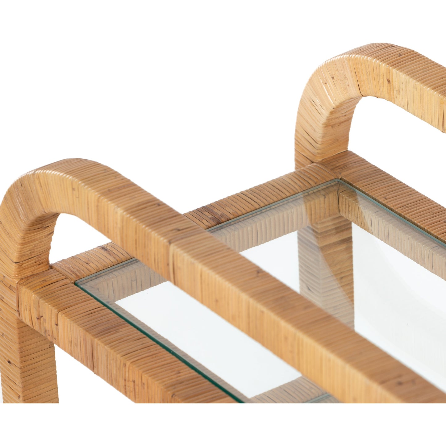 005 SI-1799034 | Closeup | Dory Bar Cart by Four Hands in honey. Made from rattan, tempered glass, solid mahogany in a modern style.