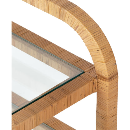 Dory Bar Cart by Four Hands in honey. Made from rattan, tempered glass, solid mahogany in a modern style.