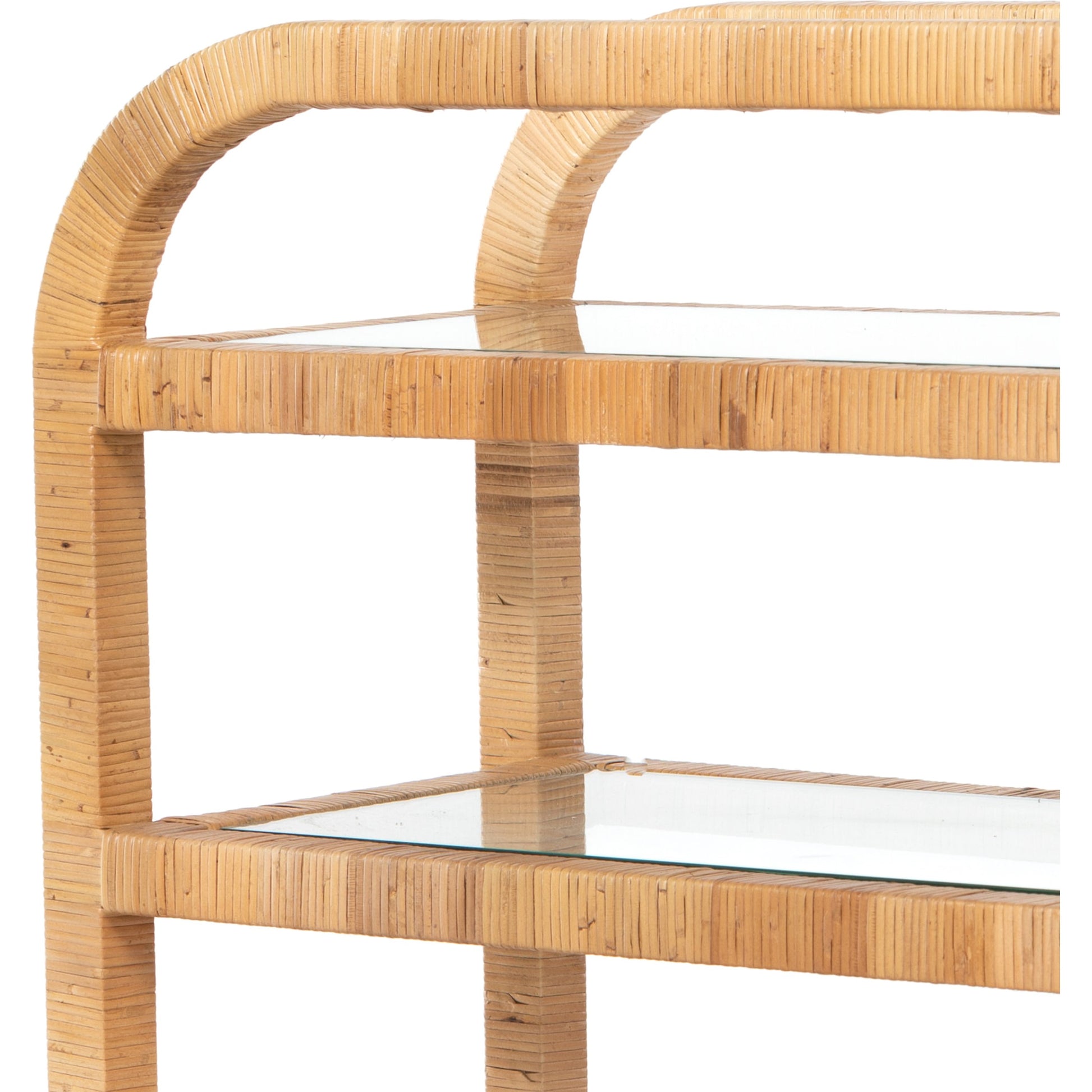 Dory Bar Cart by Four Hands in honey. Made from rattan, tempered glass, solid mahogany in a modern style.