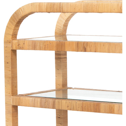 Dory Bar Cart by Four Hands in honey. Made from rattan, tempered glass, solid mahogany in a modern style.