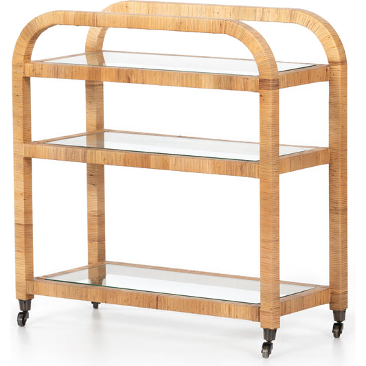 Dory Bar Cart by Four Hands in honey. Made from rattan, tempered glass, solid mahogany in a modern style.