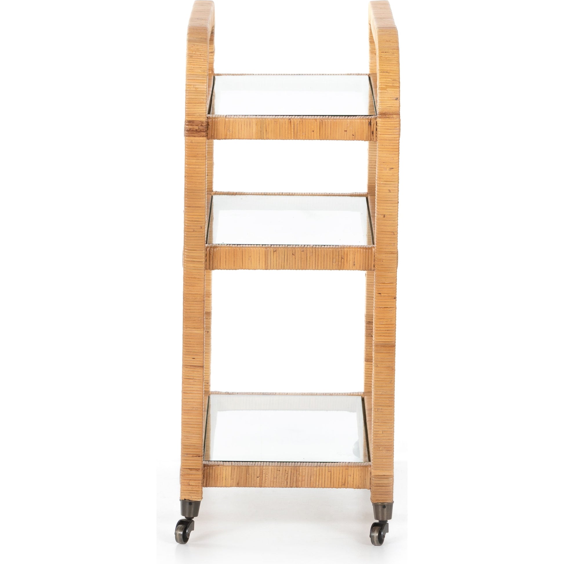 Dory Bar Cart by Four Hands in honey. Made from rattan, tempered glass, solid mahogany in a modern style.