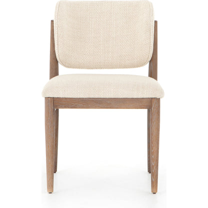 Joren Dining Chair by Four Hands in irving taupe and pecan whitewash. Made from 56% polyester, 44% acrylic, solid nettlewood, 100% polyester in a coastal style.