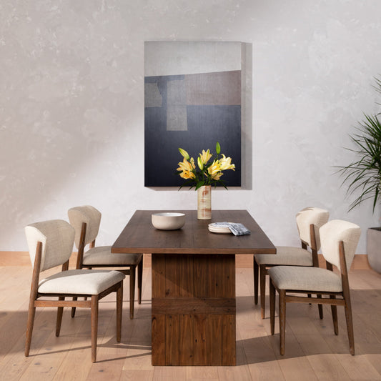 Joren Dining Chair by Four Hands in irving taupe and pecan whitewash. Made from 56% polyester, 44% acrylic, solid nettlewood, 100% polyester in a coastal style.