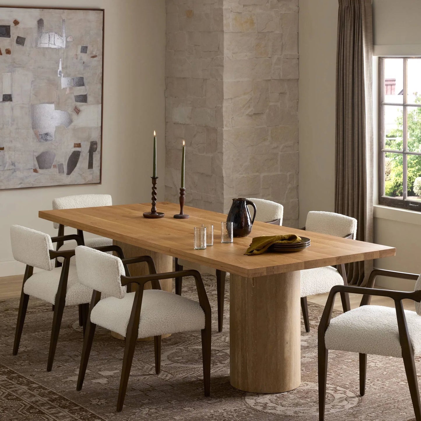 012 SI-1797816 | Lifestyle | Malia Dining Table by Four Hands in polished travertine, natural oak and natural oak. Made from solid oak, solid travertine in a modern style.