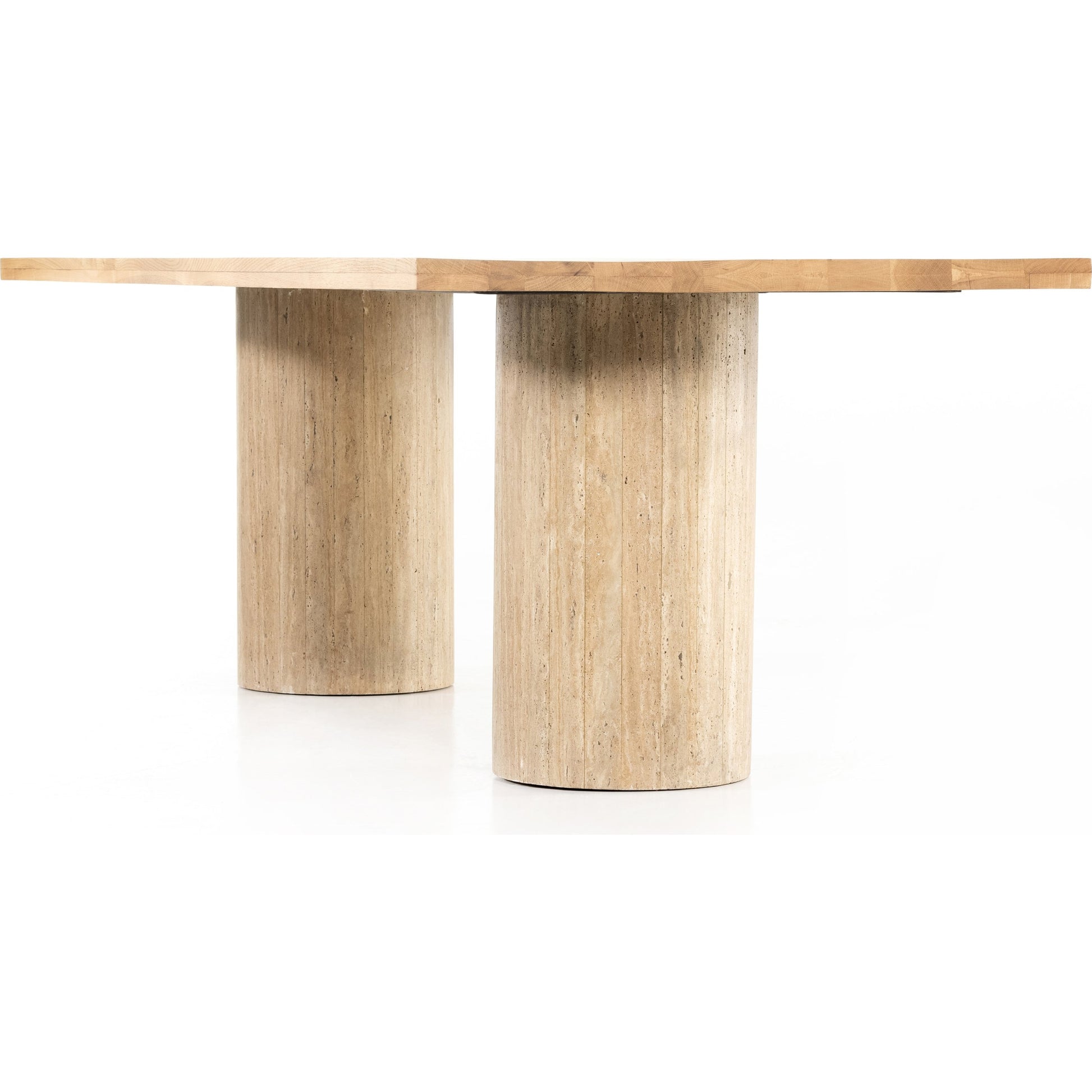 Malia Dining Table by Four Hands in polished travertine, natural oak and natural oak. Made from solid oak, solid travertine in a modern style.