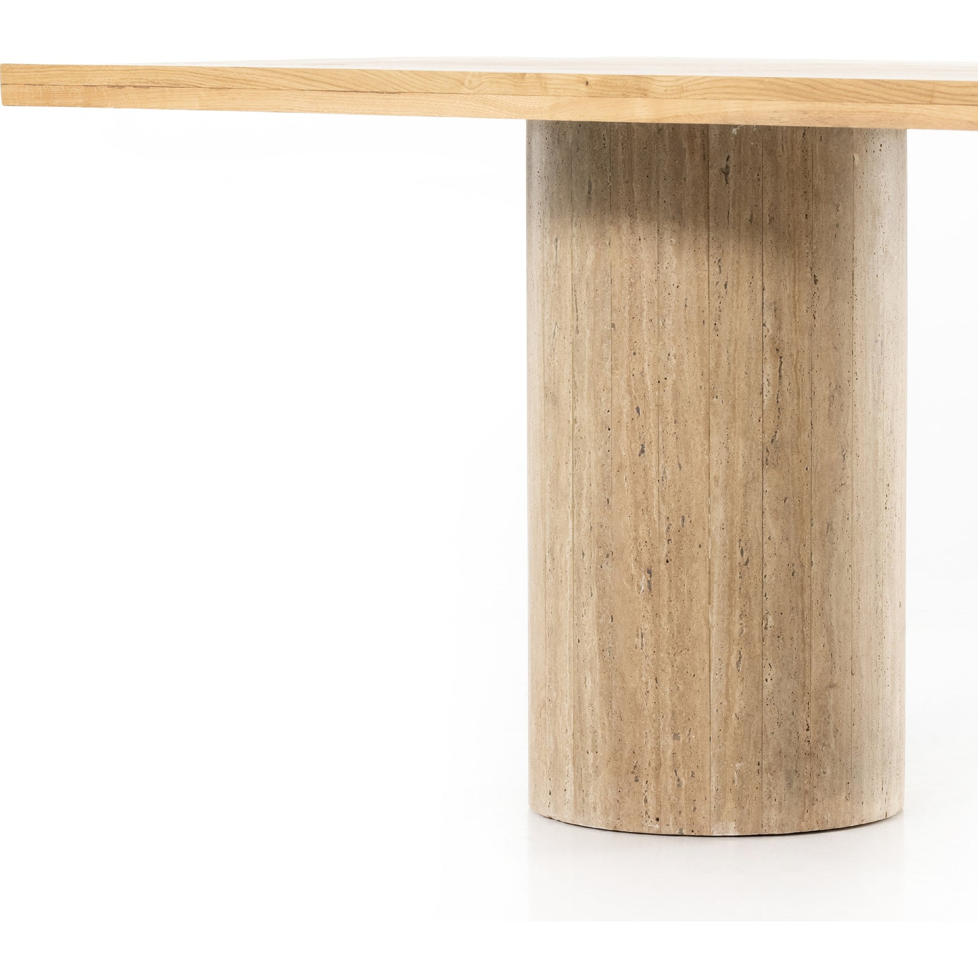 Malia Dining Table by Four Hands in polished travertine, natural oak and natural oak. Made from solid oak, solid travertine in a modern style.