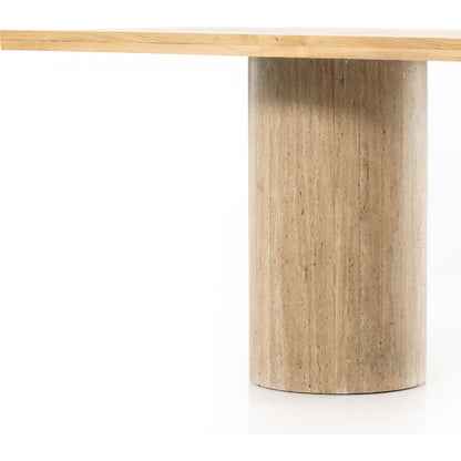 Malia Dining Table by Four Hands in polished travertine, natural oak and natural oak. Made from solid oak, solid travertine in a modern style.