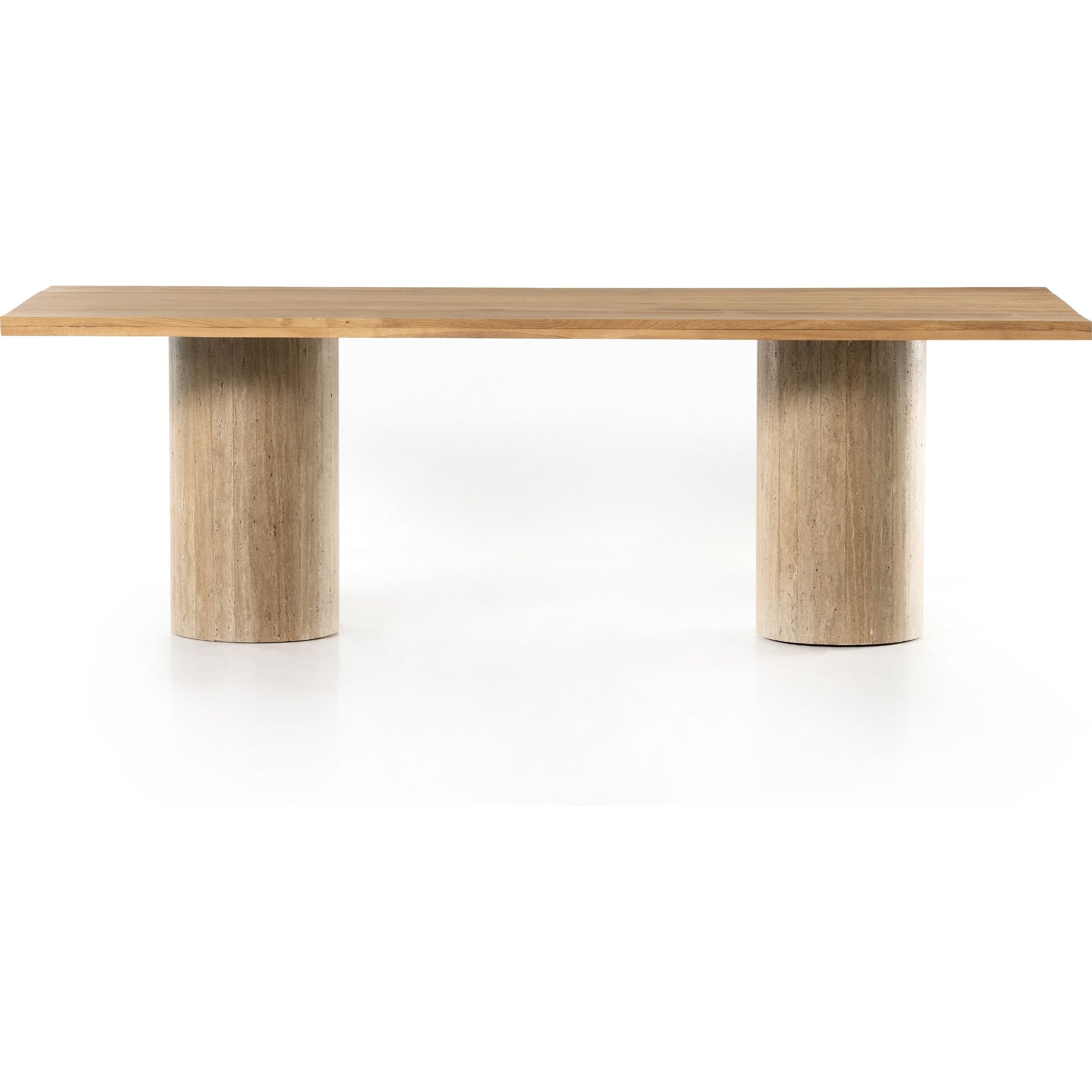 Malia Dining Table by Four Hands in polished travertine, natural oak and natural oak. Made from solid oak, solid travertine in a modern style.