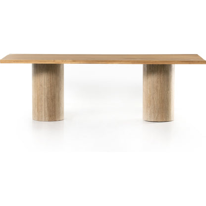 Malia Dining Table by Four Hands in polished travertine, natural oak and natural oak. Made from solid oak, solid travertine in a modern style.