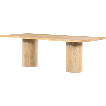 Malia Dining Table by Four Hands in polished travertine, natural oak and natural oak. Made from solid oak, solid travertine in a modern style.