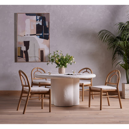 Pace Dining Chair by Four Hands in natural cane, dover crescent and burnished oak. Made from 71% viscose (rayon), 17% polyester, 12% flax, linen, solid oak, cane in a coastal style.