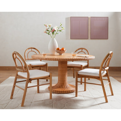 Pace Dining Chair by Four Hands in natural cane, dover crescent and burnished oak. Made from 71% viscose (rayon), 17% polyester, 12% flax, linen, solid oak, cane in a coastal style.