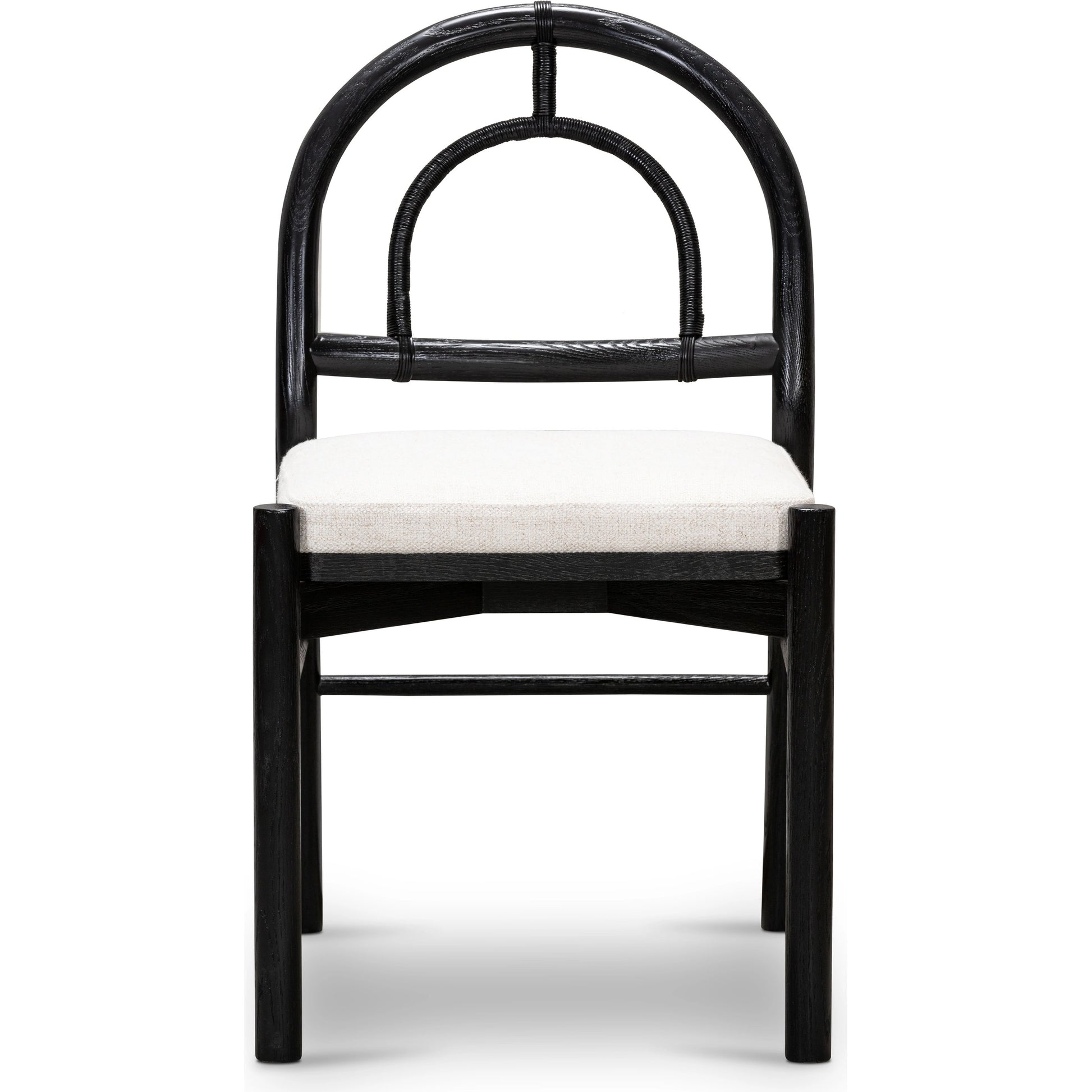 Pace Dining Chair by Four Hands in natural cane, dover crescent and burnished oak. Made from 71% viscose (rayon), 17% polyester, 12% flax, linen, solid oak, cane in a coastal style.