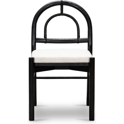 Pace Dining Chair by Four Hands in natural cane, dover crescent and burnished oak. Made from 71% viscose (rayon), 17% polyester, 12% flax, linen, solid oak, cane in a coastal style.