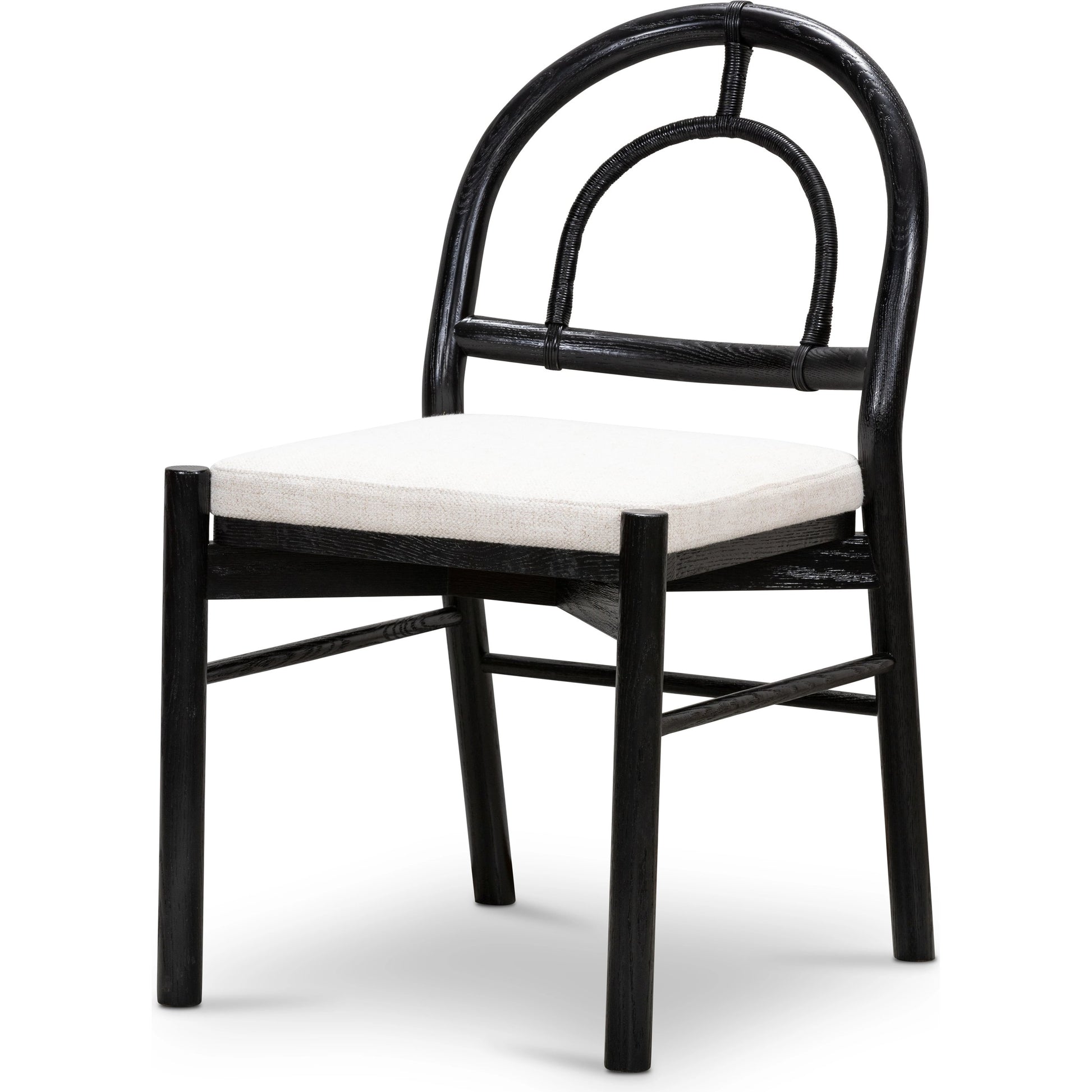Pace Dining Chair by Four Hands in natural cane, dover crescent and burnished oak. Made from 71% viscose (rayon), 17% polyester, 12% flax, linen, solid oak, cane in a coastal style.