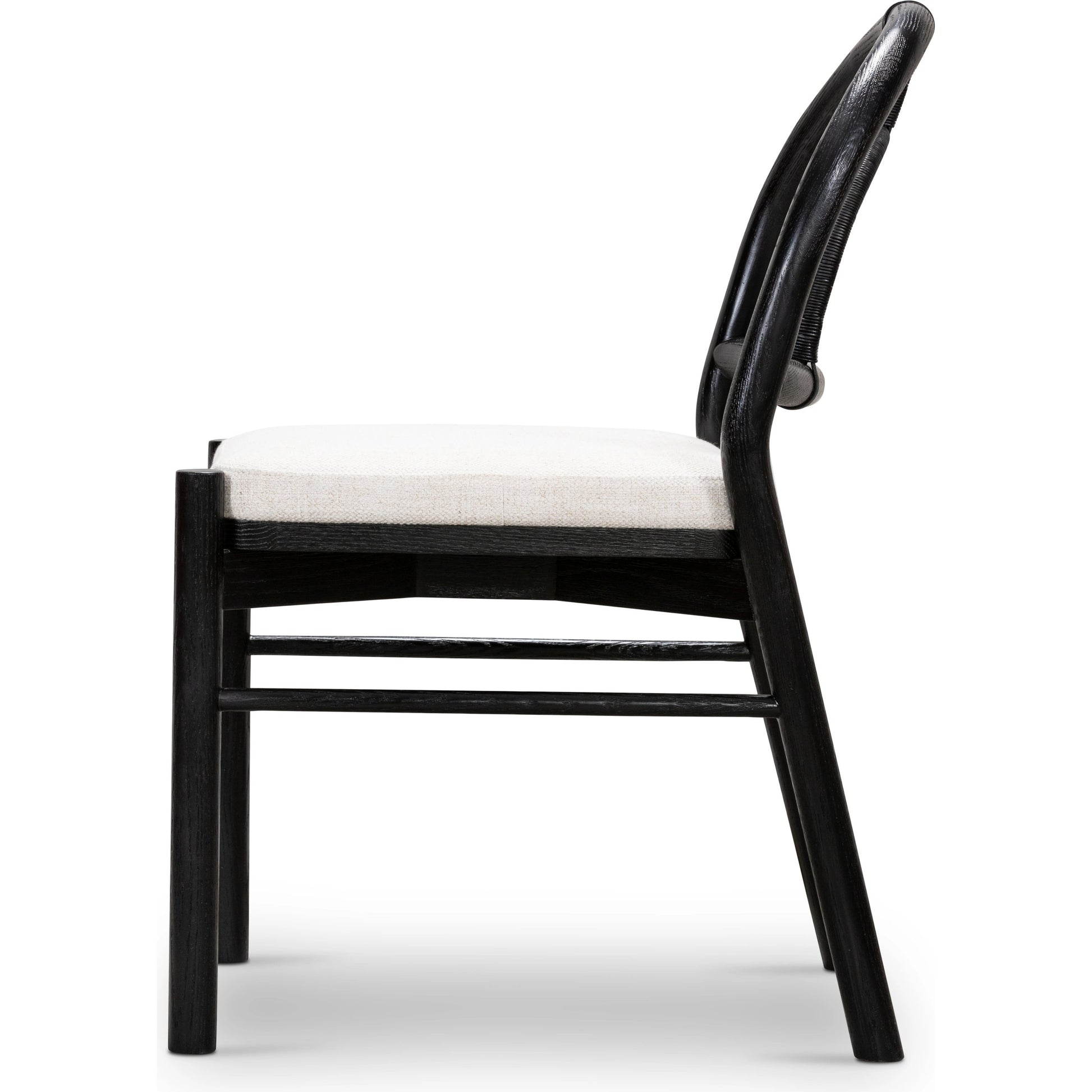 Pace Dining Chair by Four Hands in natural cane, dover crescent and burnished oak. Made from 71% viscose (rayon), 17% polyester, 12% flax, linen, solid oak, cane in a coastal style.