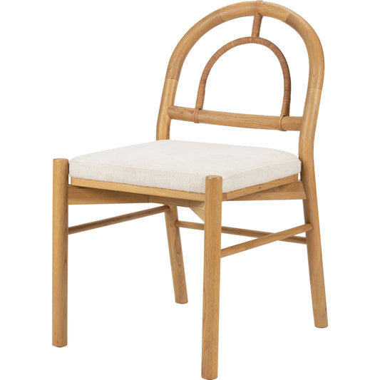 Pace Dining Chair by Four Hands in natural cane, dover crescent and burnished oak. Made from 71% viscose (rayon), 17% polyester, 12% flax, linen, solid oak, cane in a coastal style.