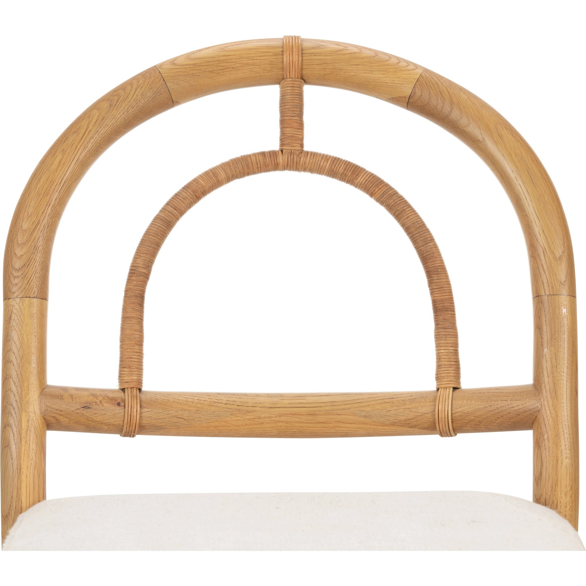 Pace Dining Chair by Four Hands in natural cane, dover crescent and burnished oak. Made from 71% viscose (rayon), 17% polyester, 12% flax, linen, solid oak, cane in a coastal style.