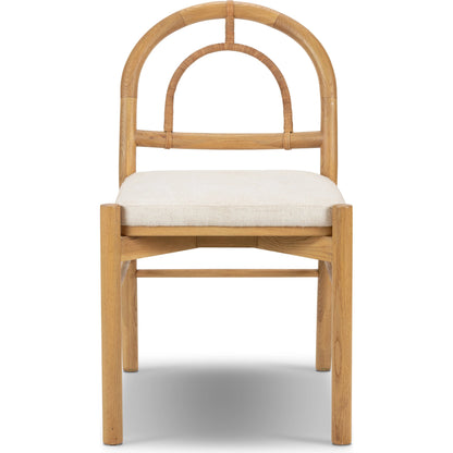 Pace Dining Chair by Four Hands in natural cane, dover crescent and burnished oak. Made from 71% viscose (rayon), 17% polyester, 12% flax, linen, solid oak, cane in a coastal style.