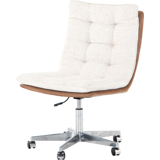 Quinn Desk Chair by Four Hands in polished nickel, dover crescent, chaps saddle and chaps saddle. Made from aluminum, 71% viscose (rayon), 17% polyester, 12% flax, linen, top grain leather in a modern style.