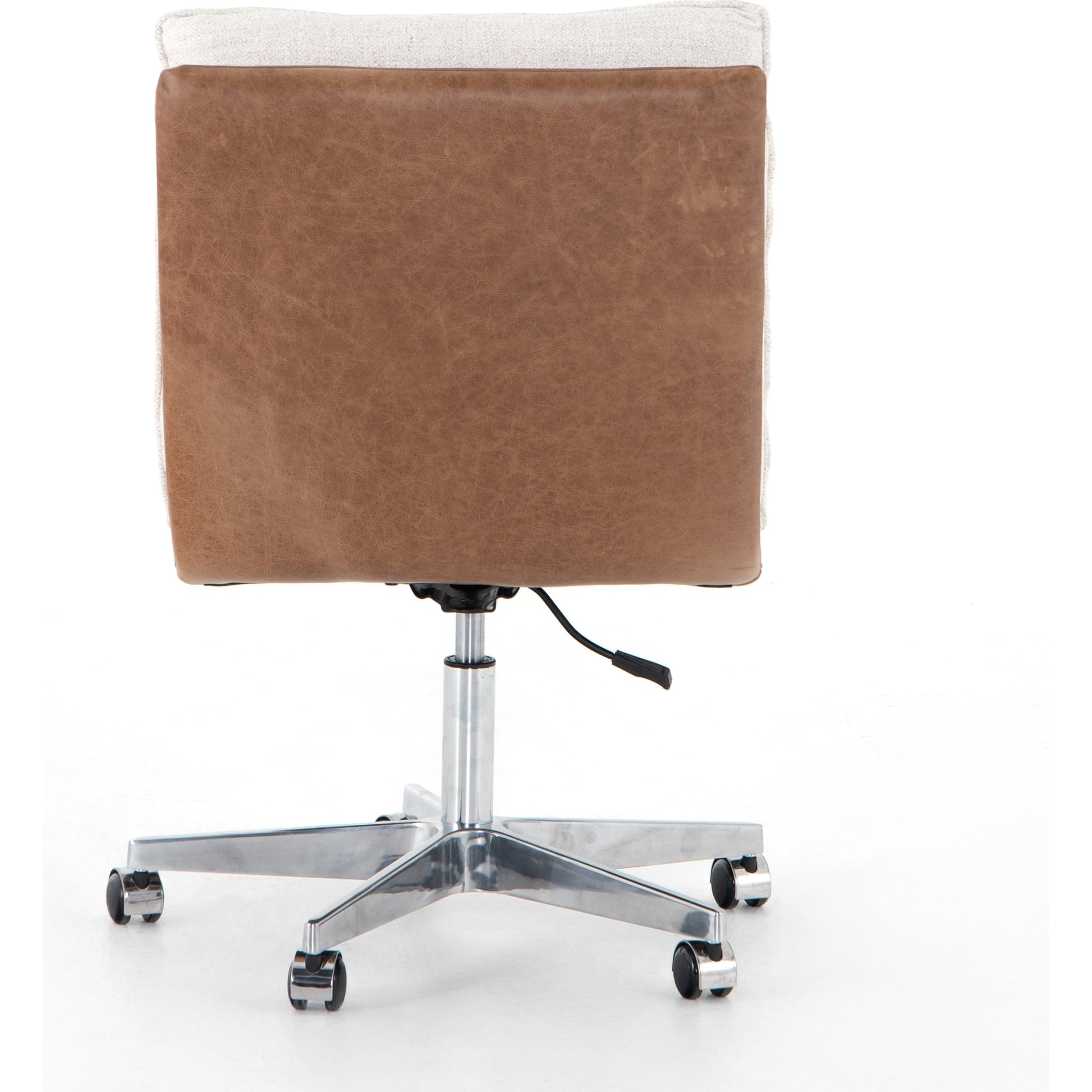 Quinn Desk Chair by Four Hands in polished nickel, dover crescent, chaps saddle and chaps saddle. Made from aluminum, 71% viscose (rayon), 17% polyester, 12% flax, linen, top grain leather in a modern style.