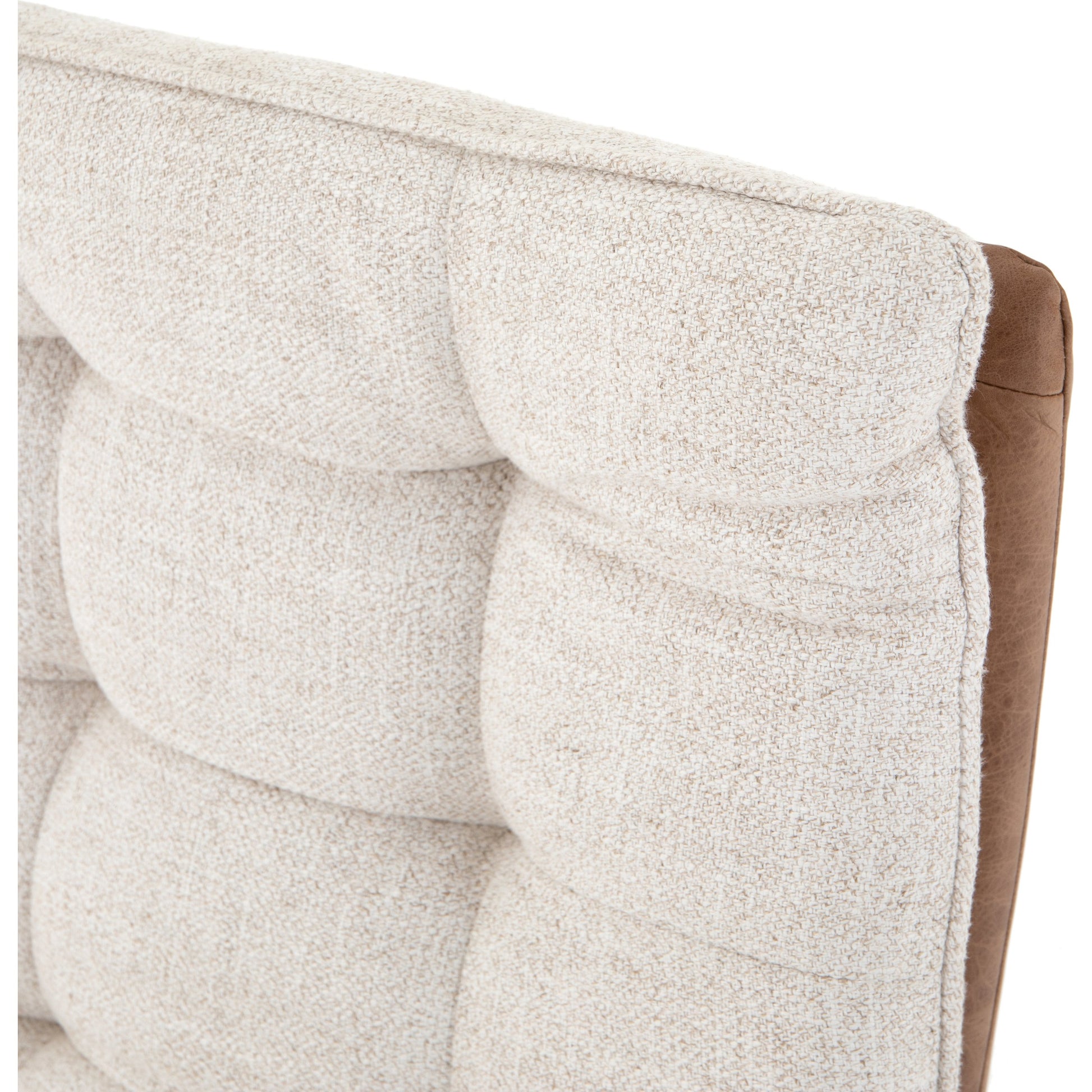 Quinn Desk Chair by Four Hands in polished nickel, dover crescent, chaps saddle and chaps saddle. Made from aluminum, 71% viscose (rayon), 17% polyester, 12% flax, linen, top grain leather in a modern style.