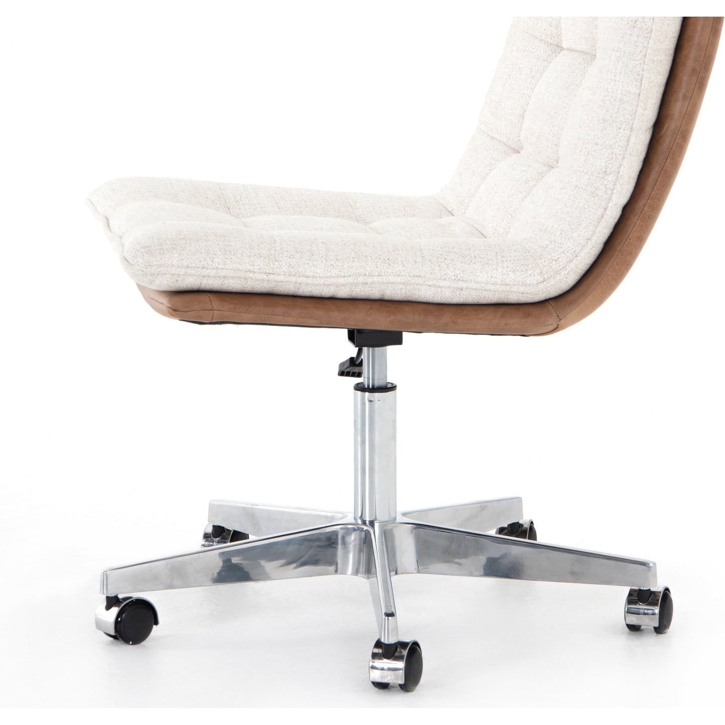 010 SI-1716439 | Additional Silo | Quinn Desk Chair by Four Hands in polished nickel, dover crescent, chaps saddle and chaps saddle. Made from aluminum, 71% viscose (rayon), 17% polyester, 12% flax, linen, top grain leather in a modern style.