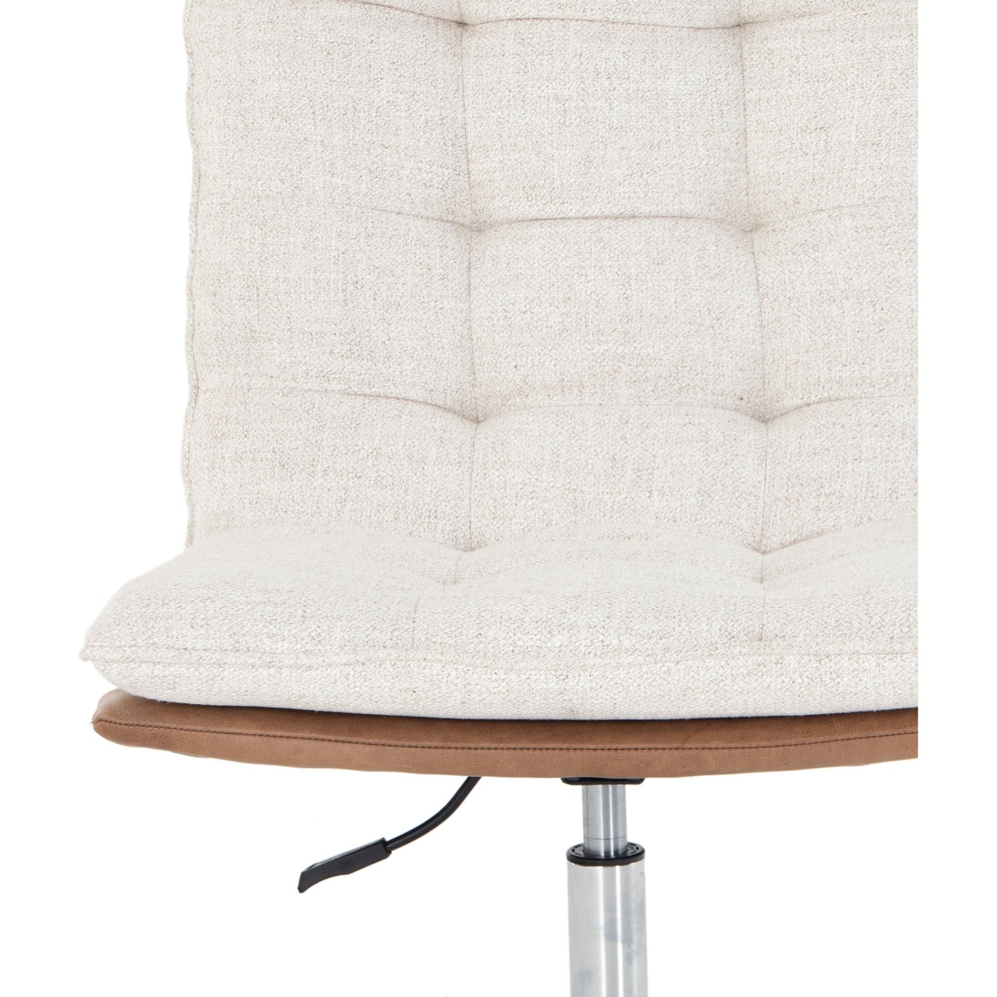 011 SI-1716439 | Additional Silo | Quinn Desk Chair by Four Hands in polished nickel, dover crescent, chaps saddle and chaps saddle. Made from aluminum, 71% viscose (rayon), 17% polyester, 12% flax, linen, top grain leather in a modern style.