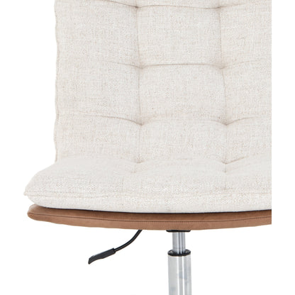 Quinn Desk Chair by Four Hands in polished nickel, dover crescent, chaps saddle and chaps saddle. Made from aluminum, 71% viscose (rayon), 17% polyester, 12% flax, linen, top grain leather in a modern style.