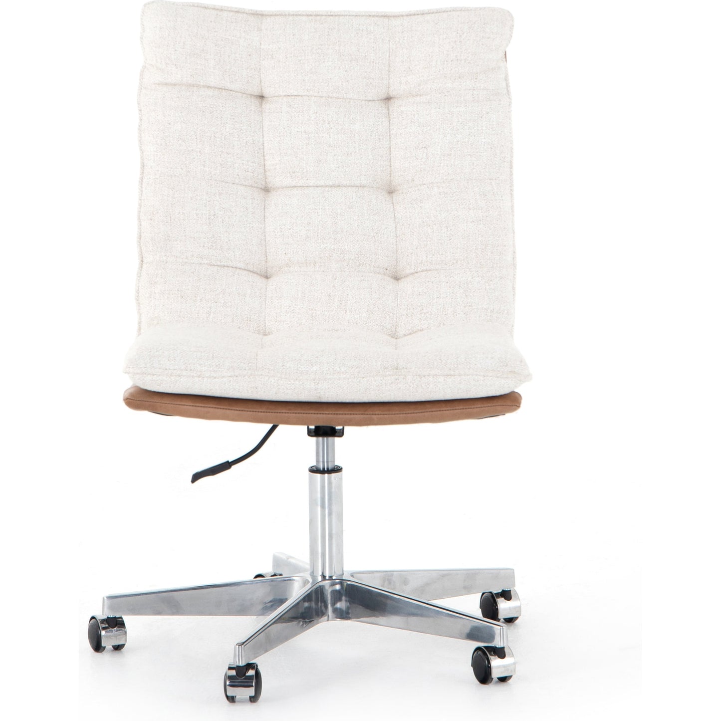 003 SI-1716439 | Additional Silo | Quinn Desk Chair by Four Hands in polished nickel, dover crescent, chaps saddle and chaps saddle. Made from aluminum, 71% viscose (rayon), 17% polyester, 12% flax, linen, top grain leather in a modern style.